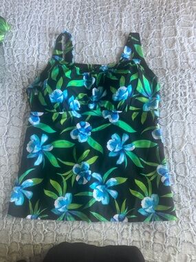 Floral dummer or Tankini Top in Black with Blue & Green Print